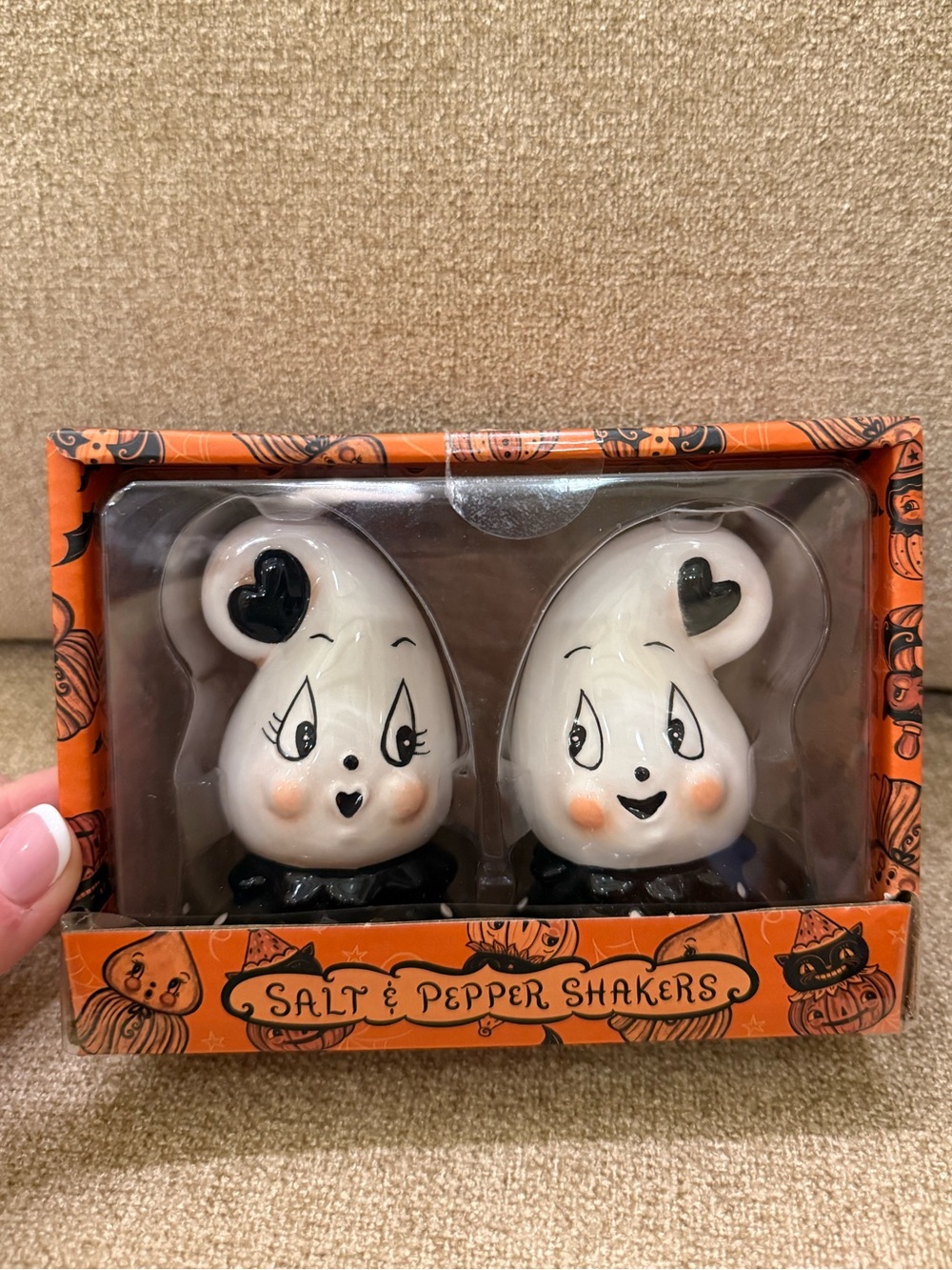 Johanna Parker Ghost Black Heart Salt Pepper Shakers Brand New Vintage Halloween